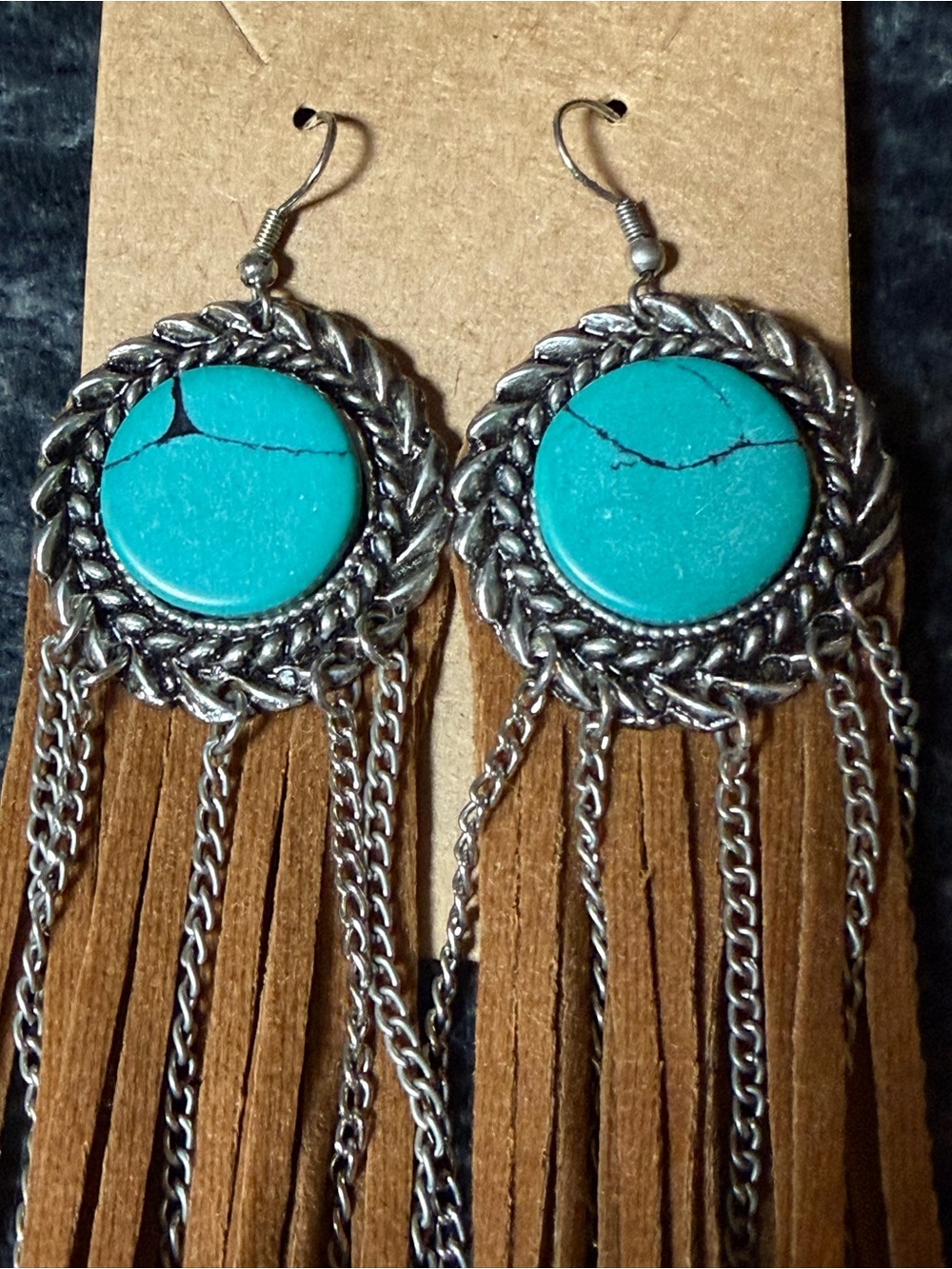 Western Turquoise Fringe Tassel Dangle Earrings Boho Cowgirl Brown - Picture 2 of 5
